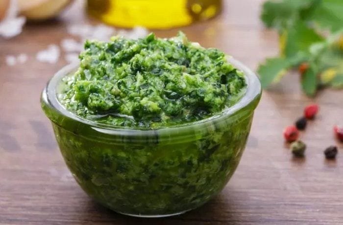 Chilean green sauce (salsa verde) with onion, parsley and lemon