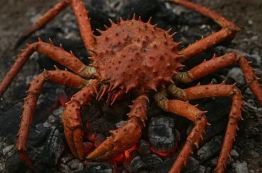 Chilean king crab grilled on brasas using the ancestral Yagán ushtakalus method