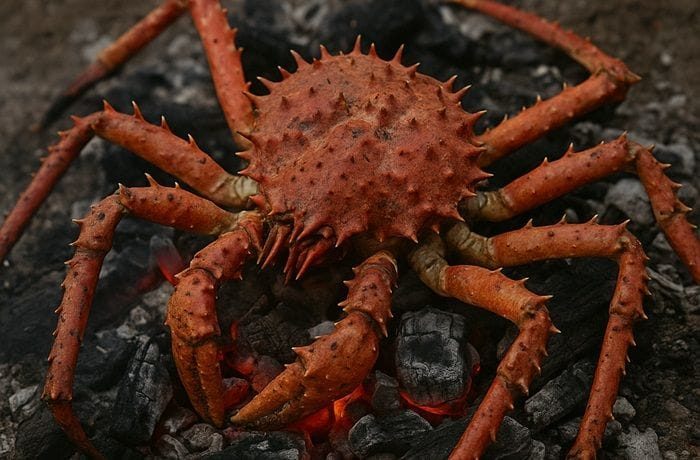 Chilean king crab grilled on brasas using the ancestral Yagán ushtakalus method