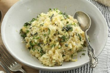 Creamy Chilean lemon and abalone risotto with arborio rice, Parmesan, and fresh herbs