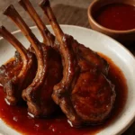 Chilean Patagonian lamb ribs in artisanal rosehip sauce — seared and oven-roasted with a sweet-tart mosqueta reduction
