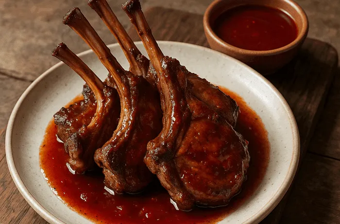 Chilean Patagonian lamb ribs in artisanal rosehip sauce — seared and oven-roasted with a sweet-tart mosqueta reduction