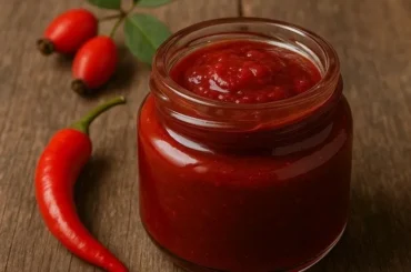 Chilean spicy rosehip sauce in a glass jar — Salsa de Rosa Mosqueta Picante recipe