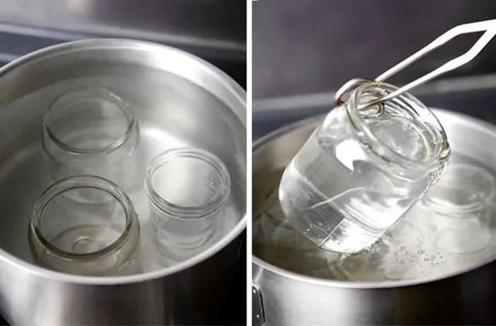 Sterilizing glass jars by boiling before filling with rosehip sauce