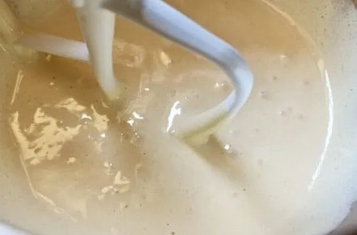 Creamed butter, sugar, and eggs for Chilean tres leches sponge cake batter — the base of the bizcocho