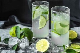 Chilean piston cocktail — pisco with tonic water and Pica lemon in a tall glass with ice