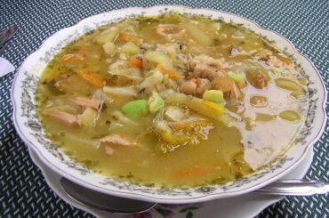 Chilean Andean chairo, a thick soup with meats, chuño, hominy, and vegetables