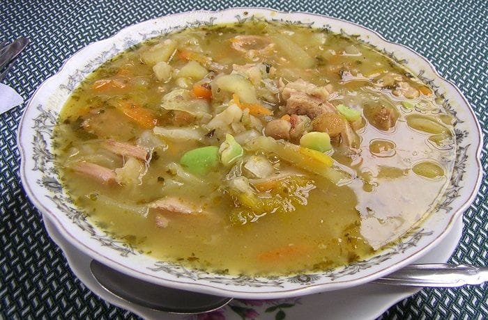 Chilean Andean chairo, a thick soup with meats, chuño, hominy, and vegetables