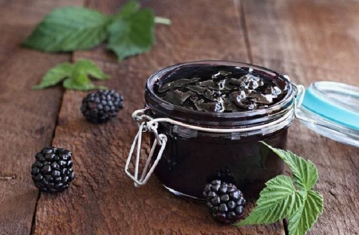 Homemade Chilean blackberry jam, dulce de murras, in glass jars