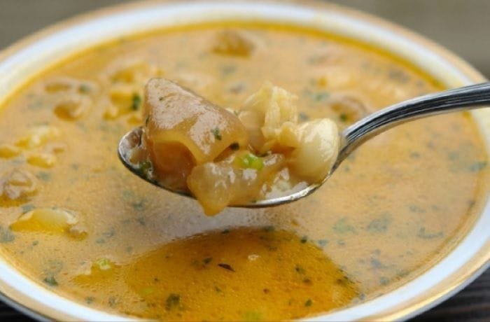 A steaming bowl of Chilean pig's feet broth with tender meat and carrots, served with pan amasado bread.