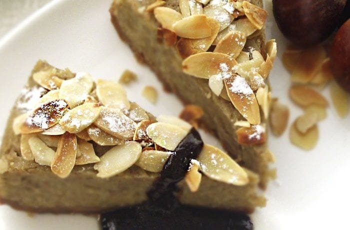 Chilean chestnut kuchen with creamy chestnut filling topped with walnuts and almonds