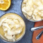 Chilean chirimoya alegre, cherimoya segments in orange juice topped with meringue