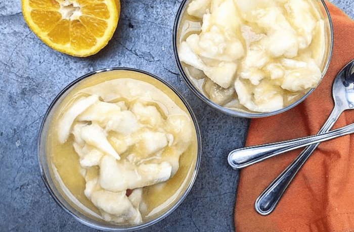 Chilean chirimoya alegre, cherimoya segments in orange juice topped with meringue