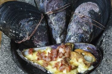 Chilean choritos al alicate, mussels sealed shut with wire, ready to be baked.