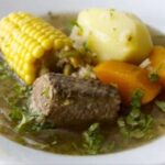 Chilean cazuela de frangollo, a cracked wheat stew with beef shank and vegetables