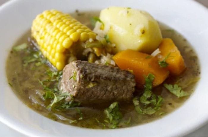 Chilean cazuela de frangollo, a cracked wheat stew with beef shank and vegetables