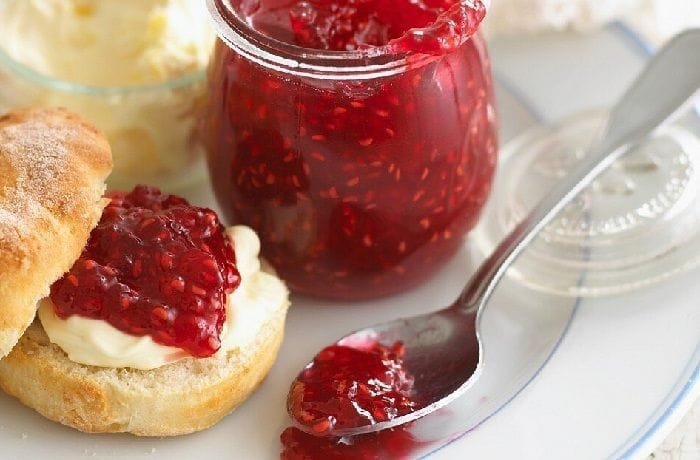 Chilean homemade raspberry jam, ruby red and glossy