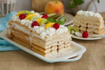 Chilean ladyfinger cake, layers of coffee soaked champagne biscuits with condensed milk cream and meringue