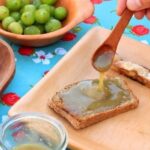 Chilean lleuque jam, translucent green, on rustic toast