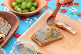 Chilean lleuque jam, translucent green, on rustic toast