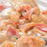 Chilean salsa margarita, a creamy seafood sauce with shrimp, mussels, clams, and squid