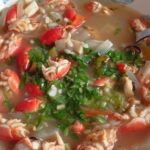 Chilean caldillo de chanchitos de mar, a sand hopper soup with potatoes and egg