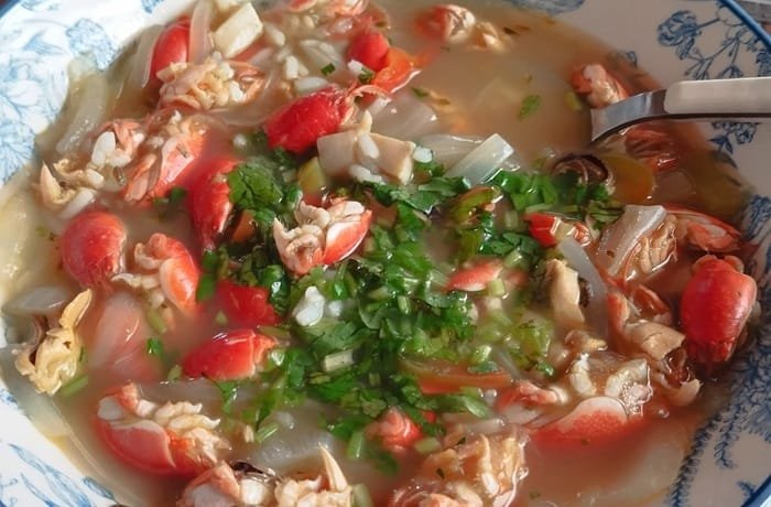 Chilean caldillo de chanchitos de mar, a sand hopper soup with potatoes and egg