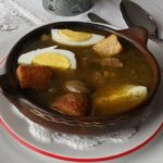 Chilean sopa de jigote, a colonial stew of finely chopped beef with olives, raisins, and egg