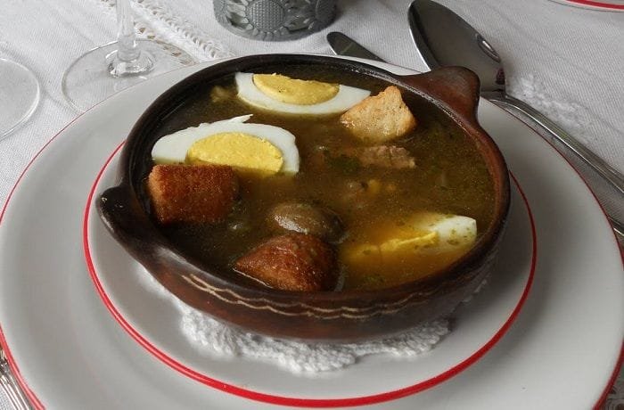 Chilean sopa de jigote, a colonial stew of finely chopped beef with olives, raisins, and egg
