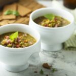 Chilean split pea and rice stew in a deep bowl