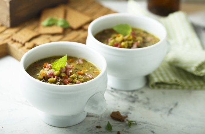 Chilean split pea and rice stew in a deep bowl