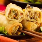 Chilean arrollados primavera, crisp golden fried spring rolls with soy sauce
