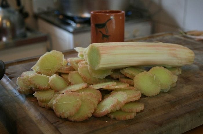 Chopped nalca Chopped raw nalca stalks in a bowl, the base ingredient for the salad.