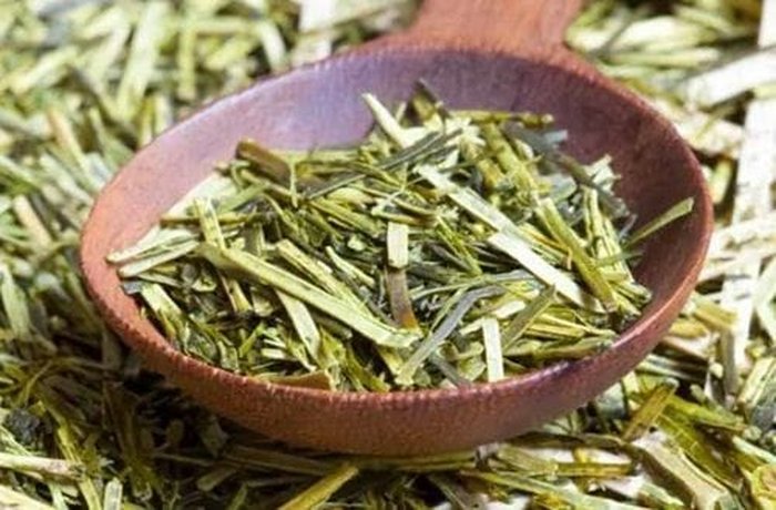 Dried natural green tea leaves ready to be infused for the bariatric tea