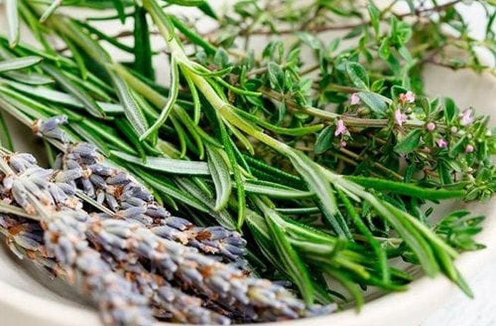 Fresh sprigs of rosemary and thyme, the aromatic herbs used to season the roasted potatoes.