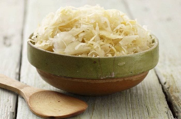 Homemade sauerkraut, drained, ready to top the completo