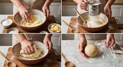 Mixing butter, sugar, and flour by hand to form the masa 123 murbe dough.