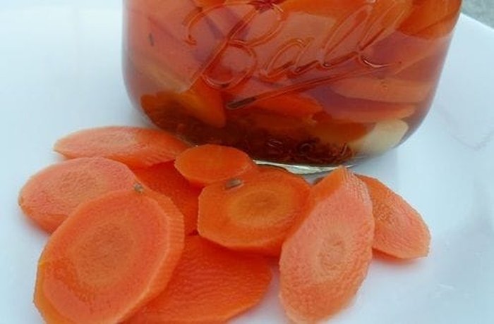Sliced pickled carrots, adding color and sweetness to the relish.
