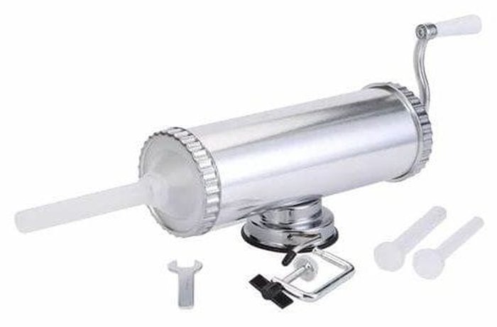 Meat grinder fitted with a sausage stuffing tube, used to fill the casings.