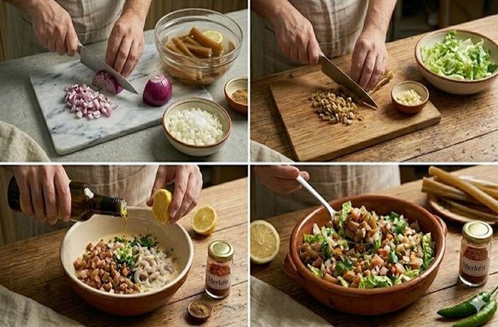 Step-by-step preparation of Chilean ulte salad, with chopped onion, lettuce, and ulte in a bowl.