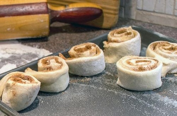 Cinnamon rolls fresh from the oven before glazing