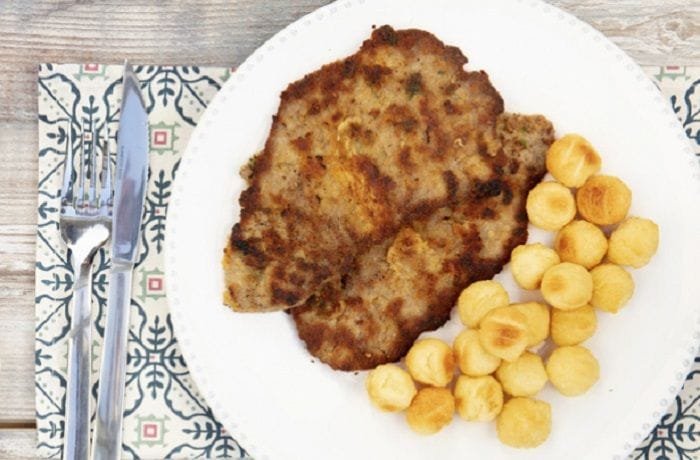 Chilean breaded beef escalopa with golden duchess potatoes