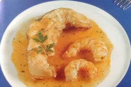 Chilean conger eel braised in beer with shrimp
