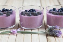 Chilean blueberry mousse served in dessert cups and topped with fresh blueberries