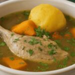 Kawésqar style caiquén goose cazuela served in a deep bowl with potatoes, carrots, and rice