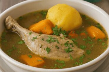 Kawésqar style caiquén goose cazuela served in a deep bowl with potatoes, carrots, and rice