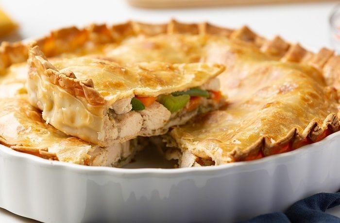 Chilean chicken pascualina, a double crust savory pie with chicken, green beans, and carrot