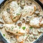 Chicken with mushrooms in a creamy white wine sauce
