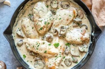 Chicken with mushrooms in a creamy white wine sauce