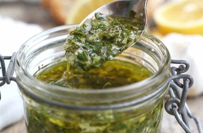 Chilean style garlic mojo with olive oil, lemon, and cilantro
